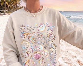 Seashell Sweatshirt, Coastal Seashell Sweatshirt, Pastel Seashell Summer, Coconut Girl Summer, Vintage Seashells Shirt, Coastal Vibe Summer