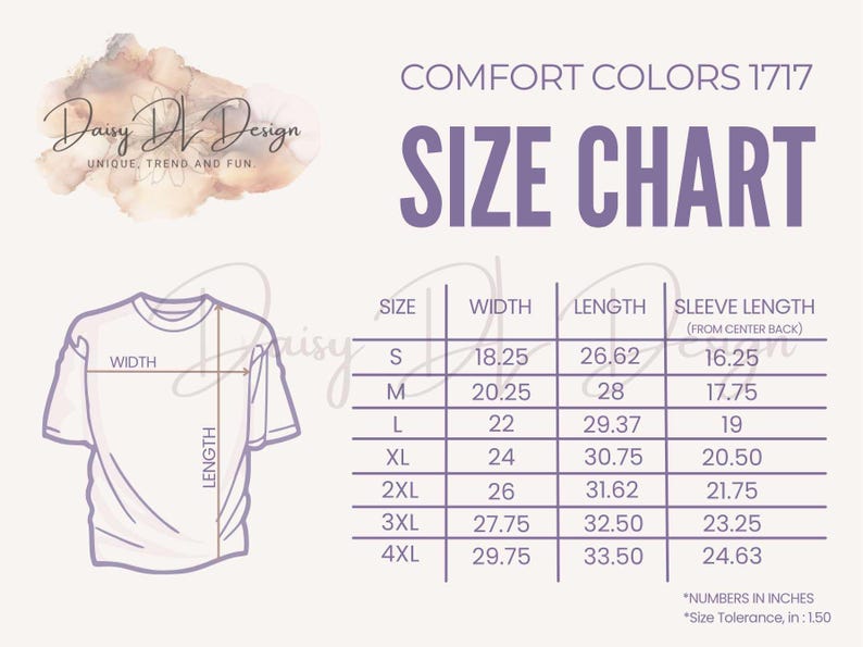 K&ouml;nnte beinhalten: Gr&ouml;&szlig;entabelle f&uuml;r Comfort Colors 1717 Bekleidung, mit Ma&szlig;en in Zoll f&uuml;r Breite, L&auml;nge und &Auml;rmell&auml;nge. Die Tabelle umfasst die Gr&ouml;&szlig;en S bis 4XL, mit einer T-Shirt-Grafik und dem Daisy DL Design Logo.