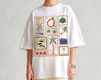 Retro Palm Tree Beach Shirt, Mediterranean Summer Shirts, Vintage Seashells Shirt, Tropical Coastal Beach Tee, Coconut Girl Summer Aesthetic