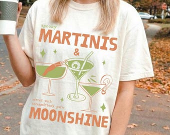 Spooky Martinis And Moonshine Shirt, Halloween Cocktail Shirt, Halloween Spooky Drink Shirt, Spooky Season Shirt, Preppy Cute Halloween Tee