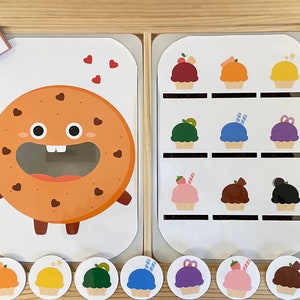 Inserto digital grande para Flisat, para alimentar cupcakes del Monstruo de las Galletas, combinación de colores, motricidad fina (imprimible en tamaños A3, A4 y carta)