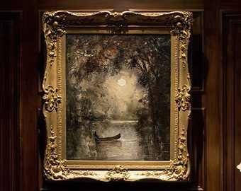 Dark Academia River Moon Paper Print: Vintage Cottagecore Landscape