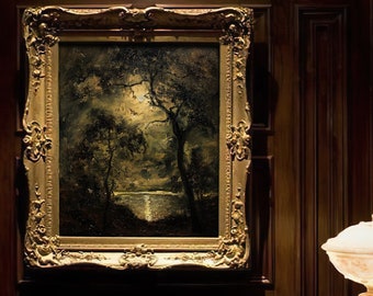 Moody Dark Academia Nocturne - PAPER PRINT, Night Sky Painting, Vintage Moon, Dark Cottagecore Landscape