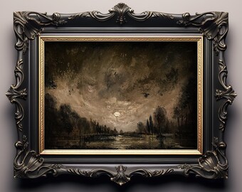 Victorian decor Dark Academia Original Painting Dark and Mysterious Antique Art, Dark Cottagecore Aesthetic, Moonlit Landscape, Full Moon