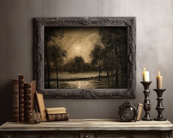 Vintage Inspired Moody Abstract Landscape Paper Print Oil Painting| Dark Wall Art | Antique Rustic Forest Art | Dark Academia | Moon