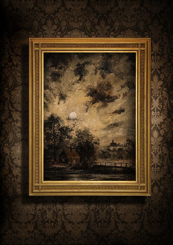Dark Academia Landscape Paper Print: Vintage Moon Night Sky