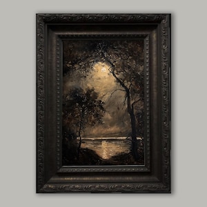 Framed Dark Academia Oil Painting: Nocturne Night Sky, Moonlit Cottagecore