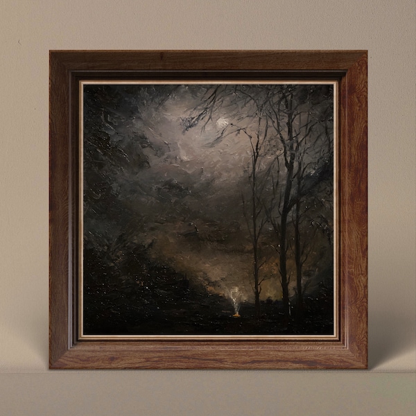 Moonlit landscape - original oil painting on canvas 12x12 inches. Dark academia decor moody dark oil painting