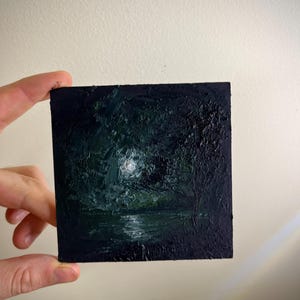 Paisaje con pintura al óleo original de 4 x 4 pulgadas. / Arte de paisaje marino iluminado por la luna / Obra de arte en miniatura para decoración gótica del hogar