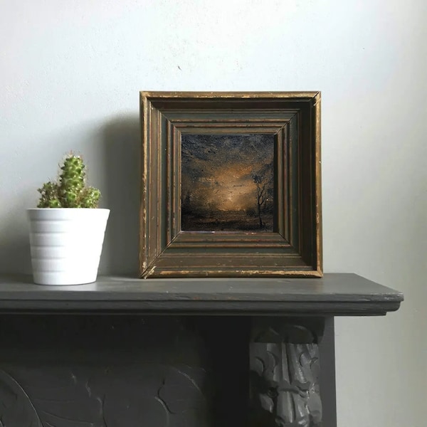 Small Original oil painting Warm Dark Landscape Art. Moody Landscape Painting, Sunset Dark Academia aesthetic. Countryside Misty landscape