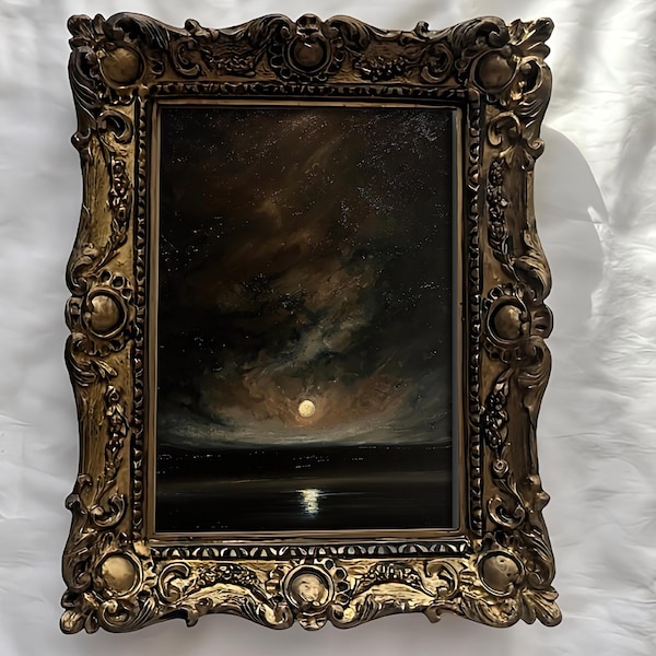 Ingelijst origineel olieverfschilderij van 5 x 7 inch: Dark Academia Moon Night Sky Landscape