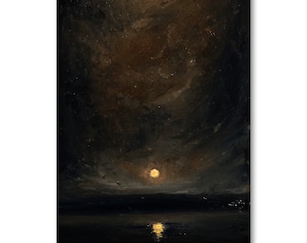 Moody Dark Academia Aesthetic Original Oil Painting on Canvas 12x8 inches, Night Sky Painting, Vintage Moon, Dark Cottagecore Landscape
