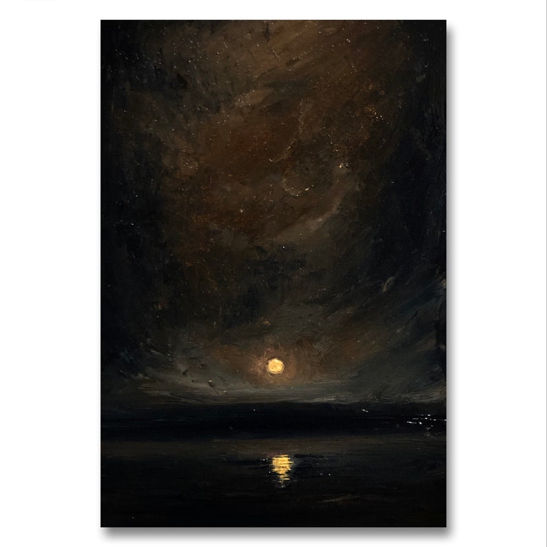 Moody Dark Academia Aesthetic Original Oil Painting on Canvas 12x8 inches, Night Sky Painting, Vintage Moon, Dark Cottagecore Landscape image 1