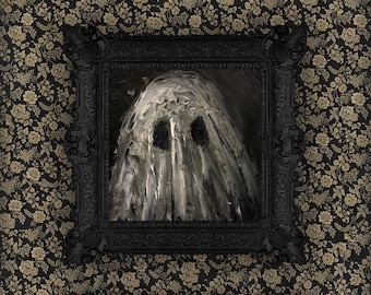 Ghost small original oil painting on canvas. Dark Academia gift. Creepy cute art. Victorian decor moody canvas art. Coquette decor art