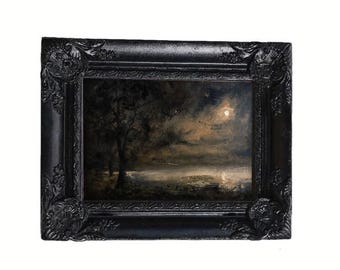 Framed Moody Night Landscape Oil Painting: Dark Academia Gothic Decor