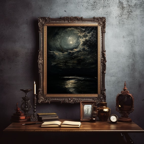 Dark Nocturne Oil Painting: Gothic Landscape, Victorian Goth Decor (16x20 inch.)