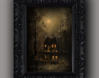 Mystery Moonlit House in Forest - Original Oil Painting Landscape 7x9.4 inch. | Macabre Aesthetic | Dark Academia Art | Victorian Goth Decor