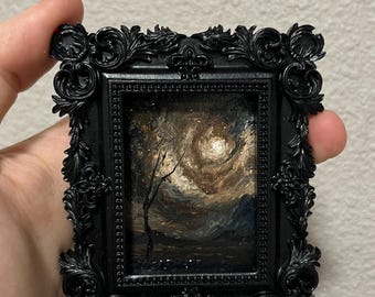 Dark Academia Moonlit Framed Oil Painting: Miniature Art - Framed Original