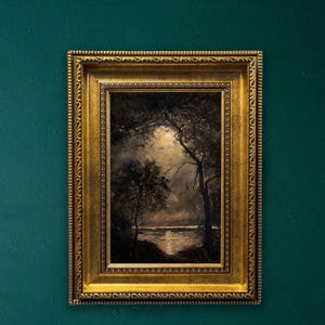 Dark Academia Oil Painting: Vintage Moon Night Sky Landscape