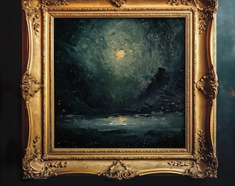 Foggy Moonlit Lake - Original Oil Painting on canvas 8x8 inches. Moody Night Landscape| Dark Academia Wall Art | Victorian Tonalism Painting