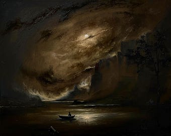 Peinture à l'huile originale au clair de lune : art du paysage gothique victorien lunatique (toile 16 x 20 pouces)