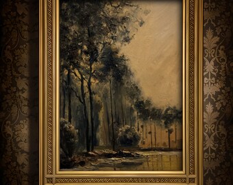 Peinture à l'huile sur papier paysage sans limites. Art mural vintage inspiré du tonalisme Dark Academia. Art déco victorien