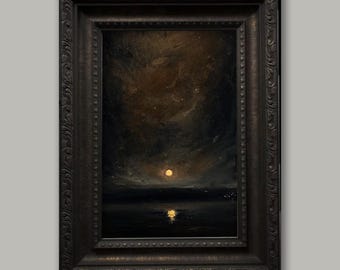 Hecho a pedido* Moody Dark Academia Estética Pintura al óleo original sobre lienzo 12x8 pulgadas, Cielo nocturno, Luna vintage, Paisaje cottagecore