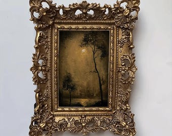 Pintura al óleo de paisaje de Dark Academia: arte con marco dorado y estilo cottagecore melancólico