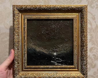 Ingelijst origineel abstract olieverfschilderij van 6 x 6 inch: vierkant donker Academia maan nachthemel landschap