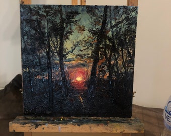 Photorealist Sunset in the Forest - original oil painting on canvas 10x10 inches. Square calm art for room decor