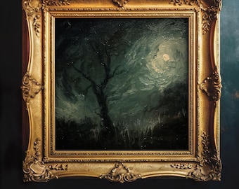 Moonlit Tree Paper Print: Dark Academia Victorian Landscape (8x8 inches)