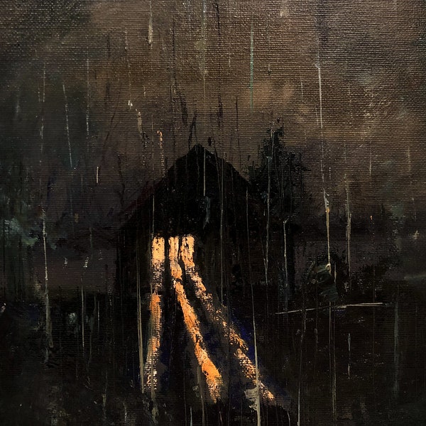 Maison sous la pluie, peinture à l'huile originale contemporaine, paysage de mauvaise humeur, paysage nocturne 30 x 40 cm. Oeuvre d'art de la ferme Dark Academia