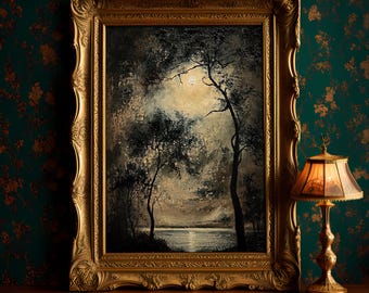 Large canvas Moody Nocturne landscape original Oil Painting: Lake and Moon victorian goth decor
