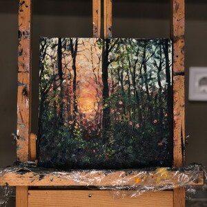 Photorealist Sunset in the Forest - Original Oil Painting on Canvas 8x8 ...