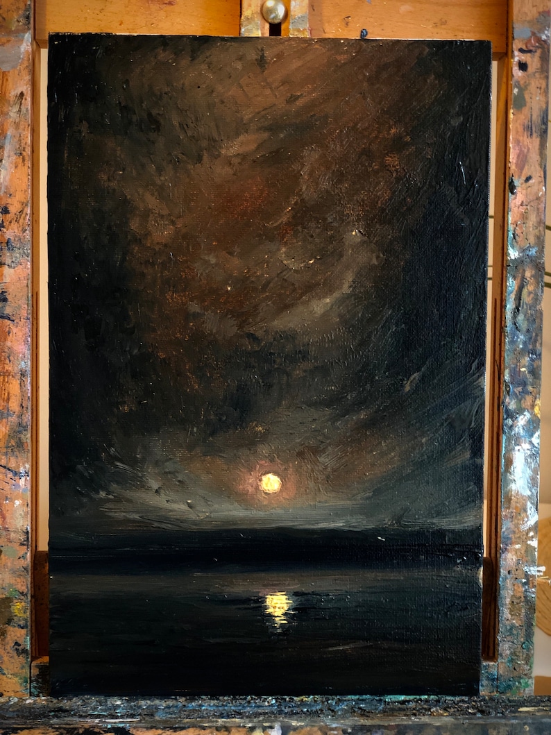Moody Dark Academia Aesthetic Original Oil Painting on Canvas 12x8 inches, Night Sky Painting, Vintage Moon, Dark Cottagecore Landscape image 3