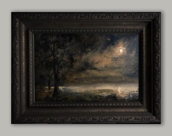 Mystery landscape - Original oil painting on canvas 7x9,5 inches. Moody Night Landscape Dark Academia wall decor. Vintage Gothic Home Decor