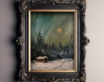 Maison d'hiver confortable - Peinture à l'huile sur papier mat, Paysage | Paysage de neige | Art académique sombre | Décoration gothique victorienne