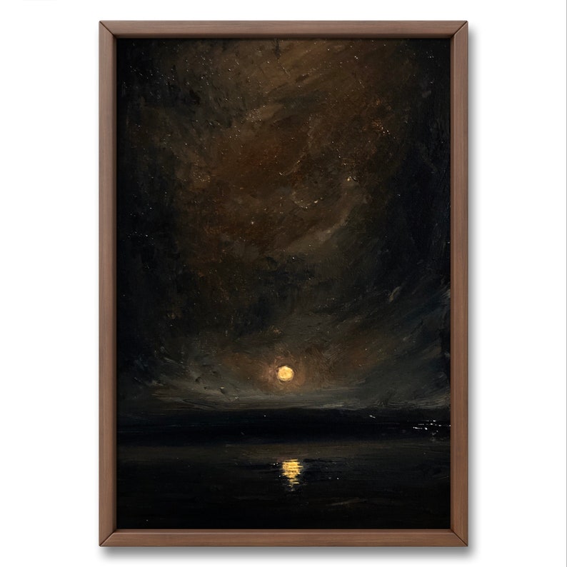 Moody Dark Academia Aesthetic Original Oil Painting on Canvas 12x8 inches, Night Sky Painting, Vintage Moon, Dark Cottagecore Landscape image 4