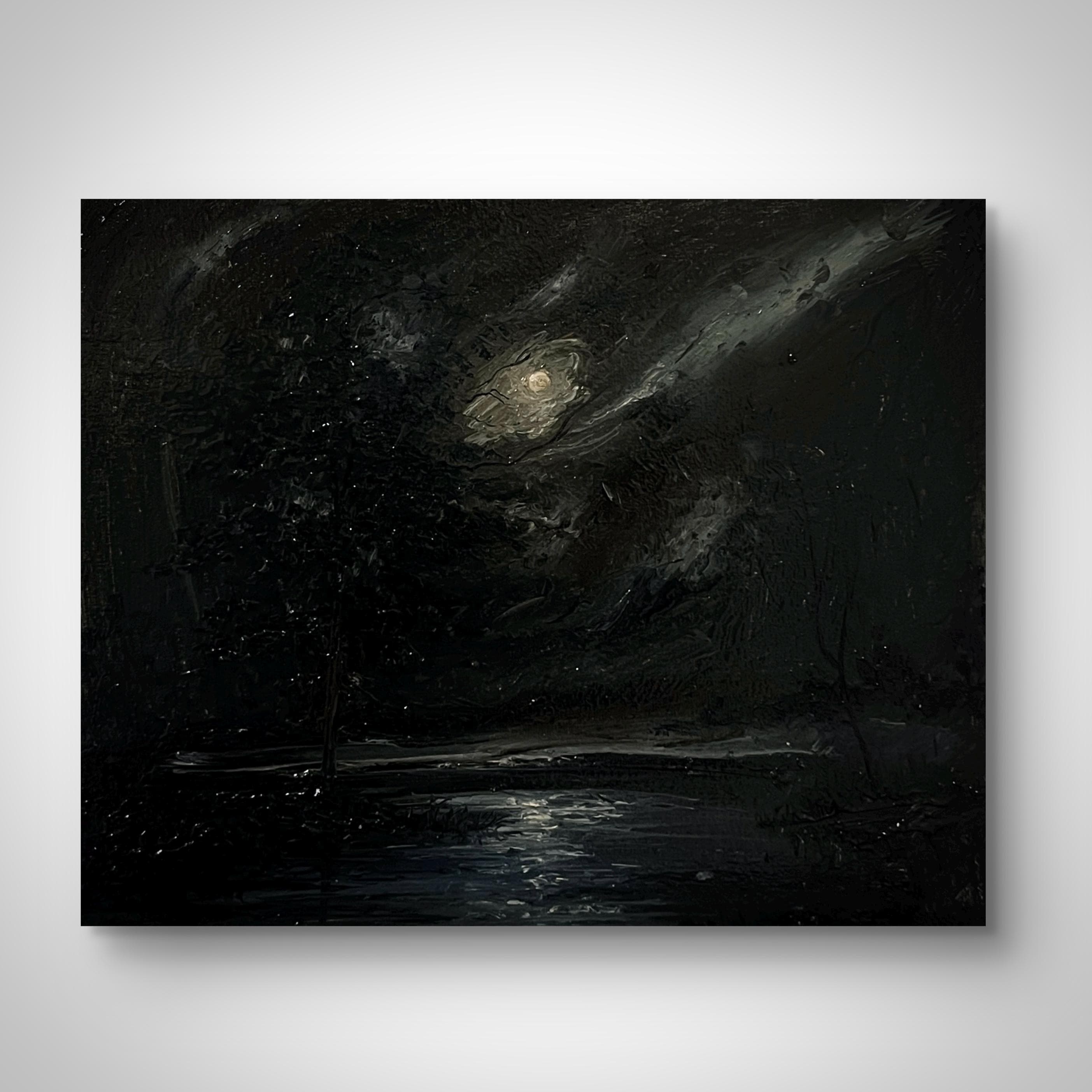 Paisaje melancólico iluminado por la luna - Pintura al óleo original sobre lienzo de 24 x 30 cm. Arte decorativo de pared de estilo cottagecore. Arte decorativo gótico victoriano