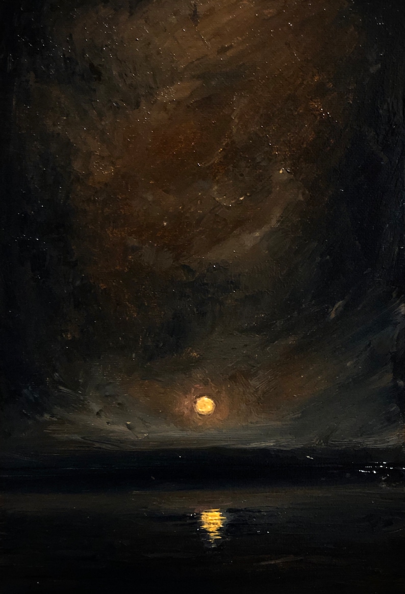 Moody Dark Academia Aesthetic Original Oil Painting on Canvas 12x8 inches, Night Sky Painting, Vintage Moon, Dark Cottagecore Landscape image 2