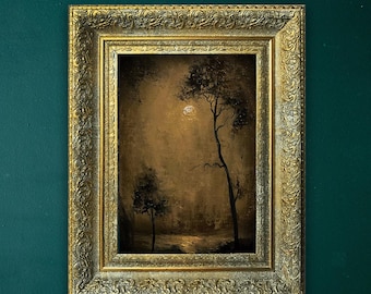 Dark Academia Landscape Oil Painting: Moody Cottagecore Gold Framed Art