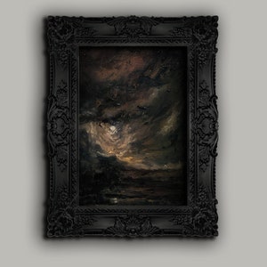 Moody Dark Academia Aesthetic Oil Painting - Paper Print, Night Sky Painting, Vintage Moon Print, Dark Cottagecore Landscape