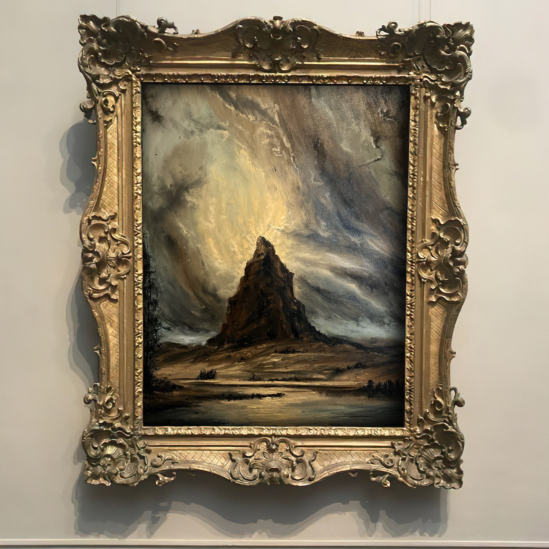 クレスト  アンティーク　油絵 月明かりの山の油絵：ゴシックダークアカデミアアート（24 x 32インチ