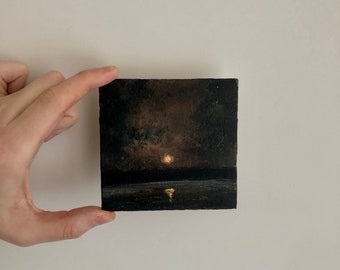 Pequeña pintura al óleo original 4x4 pulgadas Misterio Paisaje iluminado por la luna sobre lienzo / Pintura antigua Estética / Pintura vintage / Regalo de decoración victoriana