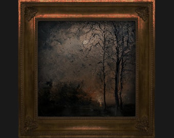 Pintura al óleo original de Moody Countryside Landscape. Paisaje abstracto de la plaza del bosque y la luna brumosa. Arte de decoración vintage Dark Academia