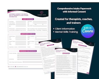 May include: A comprehensive intake paperwork template for mental skills training and client intake information. The design includes forms for client information, mental skills training, and consent. Created for therapists, coaches, and trainers. Edit in Canva.