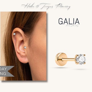 Cartilage Stud Diamond Piercing / Single Daith Stud Earring / 14K White, Yellow, Rose Solid Gold 16 Gauge