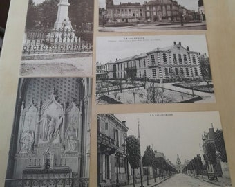 May include: A set of six vintage black and white postcards depicting various scenes from the town of La Champagne, France. The postcards feature images of a statue, a building, a church, and a street.