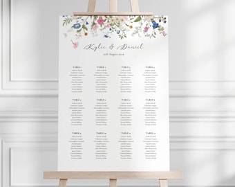 Plano de asientos para boda con flores silvestres, plano de mesas para boda imprimible, plan de boda, boda bohemia con flores silvestres, asientos para boda, mesa con flores silvestres WH1