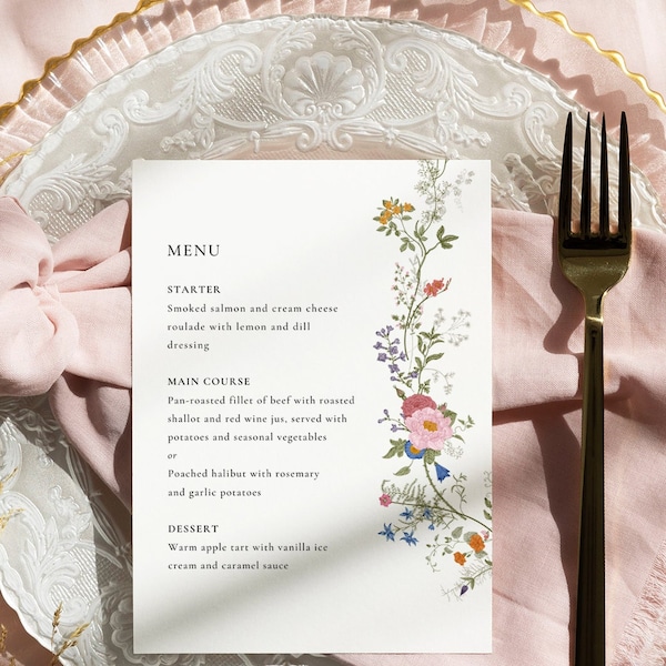 Wildflower menu template, Garden party bridal shower menu, Boho flowers event menu, Wedding menu, Boho Modern Floral | INSTANT DOWNLOAD, WH1